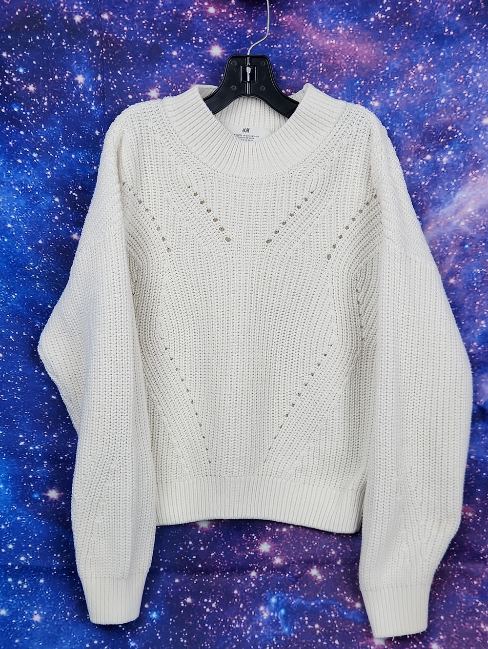 H&M Cream Crewneck Cotton Blend Knit Sweater - Textured Stitch Detail